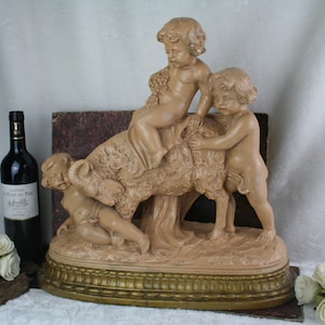 Xl art deco 30&#39;s putti cherubs and ram plaster sculpture statue after clodion