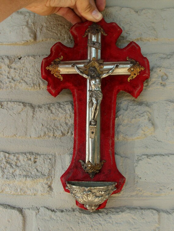 Antique French Religious Crucifix Cross Christ Red Velvet | Etsy