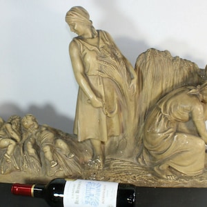 Xl antique chalkware belgian sculpure cutting wheat field statue marked