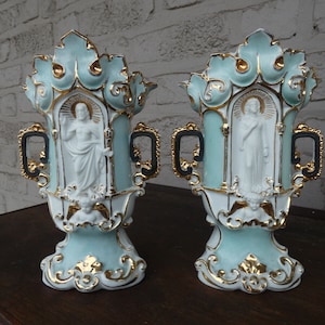 Pair antique old paris porcelain vases with niche saint figurines religious