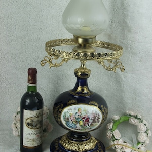 Xl cobalt blue porcelain romantic victorian lamp glass shade marked 1960