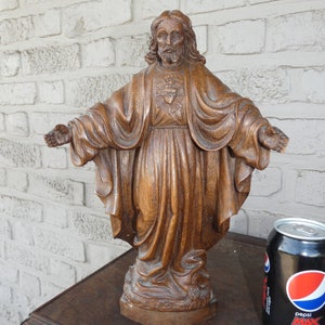 Antique fine wood carved sacred heart jesus statue religious