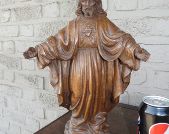 Antique fine wood carved sacred heart jesus statue religious