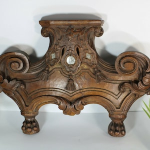 Antique french wood carved relic holder pediment lion paws rare