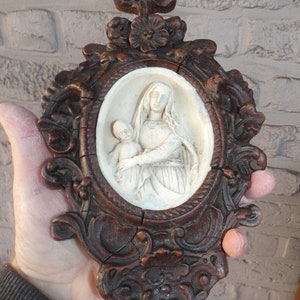 Antique french wood chalk madonna child relief wall plaque religious