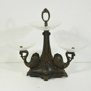 Antique art nouveau spelter metal swan figural centerpiece glass crystal vase