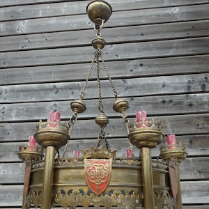 Antique brass church neo gothic chandelier lamp plaquettes enamel