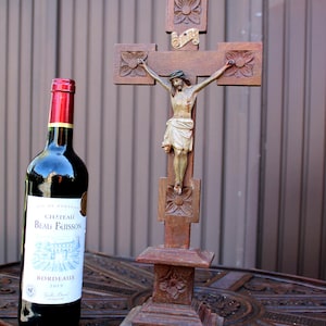 Antique french wood carved cross crucifix metal christ corpus