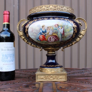 Large vintage porcelain sevres decor brass centerpiece bowl marked vase