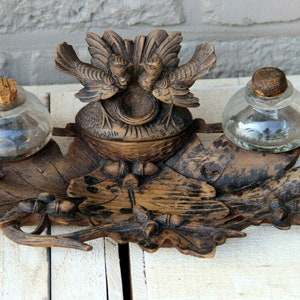 Antique black forest wood carved rare inkwell birds couple animal