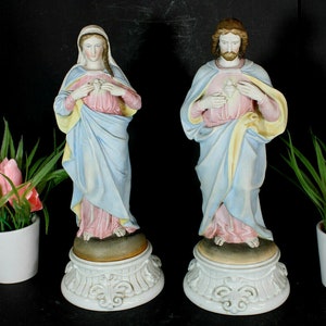 Paar antieke vieux andenne porselein bisque maria christus heilig hartbeeld