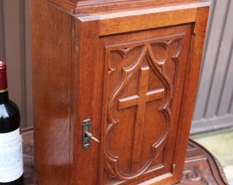 Antique french sacristy religious wall cabinet wood carved priest room rare
