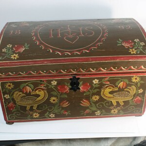 Rare antique artisan religious wood carved hand paint box dated 1892