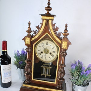 Antique wood carved junghans mantel table clock 19thc