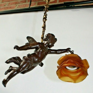 Antique zamac metal bronze patina cherub putti pendant lamp chandelier