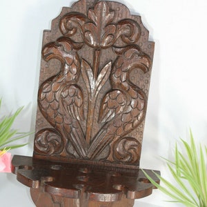 Antique french wood carved wall pipe rack console birds rare