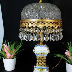 Vintage french crystal glass porcelain floral table lamp putti cherub figurine