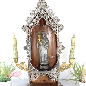 Antique devotion home altar chapel saint anthony candle holders lost item prayer