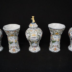 Set 5 french faience marked vases landscape decor dog lid