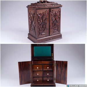 Antique black forest wood carving cabinet  drawers rare 19thc germany