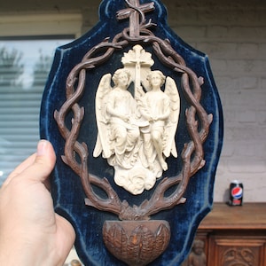 Antique black forest meerschaum archangel statue holy water font religious panel