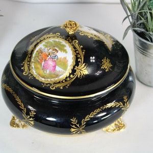 vintage français bleu cobalt limoges porcelaine bonbonnière boîte décor romantique