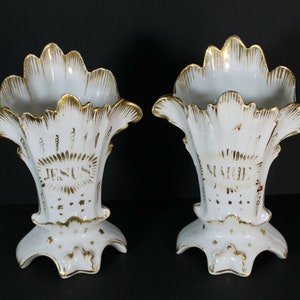 Pair antique religious vieux paris porcelain jesus marie vases