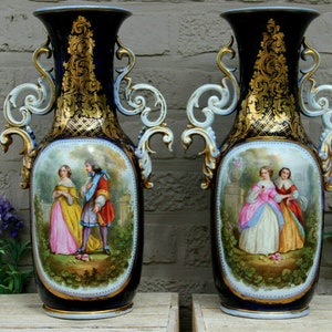 Antique pair french 19thc vieux paris hand paint romantic vases rare