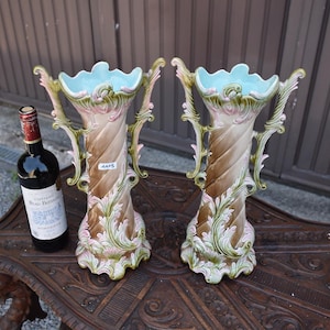 Pair antique french barbotine majolica vases 1900s