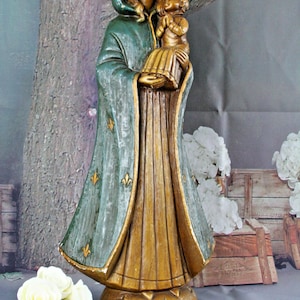 Antique xl 52cm holy madonna signed merlini art deco fleur de lys cape