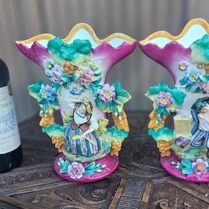 Pair antique french porcelain vases boy girl figural decor floral rare