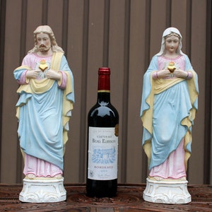 Antique french pair bisque porcelain paster color sacred heart jesus mary statue
