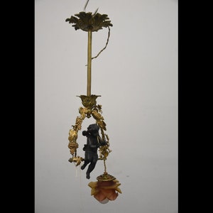 Antique french bronze putti cherub musician pendant lamp chandelier rare