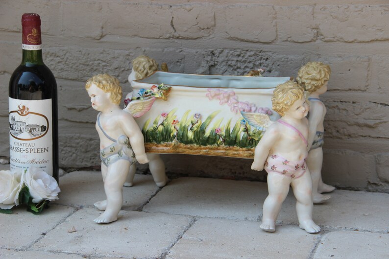 LARGE German Porcelain Jardiniere Planter Vase 4 putti angel image 0