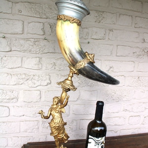 Antique xl spelter metal statue cornucopia lady horn putti cherub bird