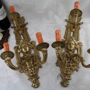 Huge pair french antique bronze putti faun satyr 3 arms sconces wall lights