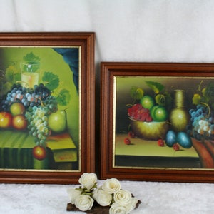 Pareja de lienzos al óleo flamencos vintage de los años 80 pintura de frutas todavía vivas firmada