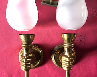 Hollywood regency pair wall lights sconces hand form opaline maison jansen rare