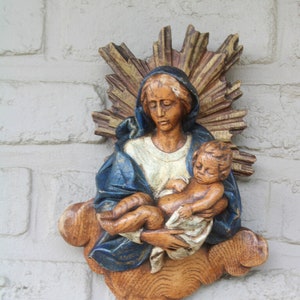 Antique belgian ceramic madonna relief wall plaque panel marked religious