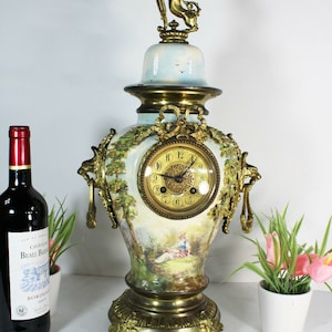 Antique belgian faience ceramic hand paint mantel clock sphinx lion heads rare