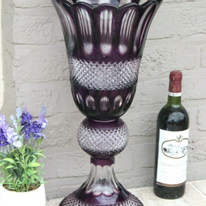 Xxl amethyst purple bohamia 2 parts crystal glass cut vase centerpiece 1960