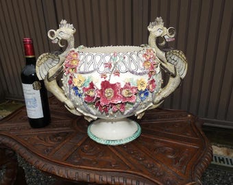 Antieke art nouveau xl barbotine majolica draken bloemen plantenbak jardiniere zeldzaam