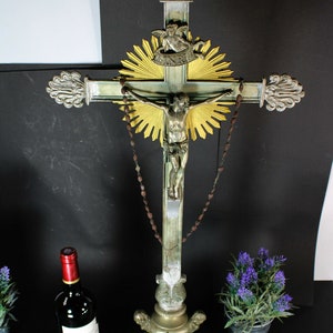 Antiguo xl mármol espelta metal putti ángeles crucifijo raro altar