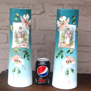 Pair antique opaline glass vases portrait lady
