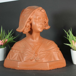 Antique art deco chalkware bust lady girl terracotta colour