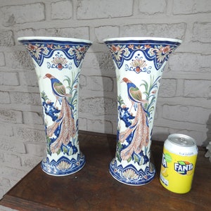 Pair belgian boch pottery polychrome birds floral vases marked