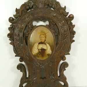 Antique german black forest wood carved plaque frame oil portrait painting rare