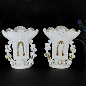 Antique pair vieux paris porcelain chapel mary joseph figurine vases rare
