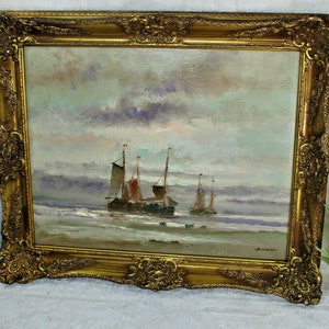 Flemish maritime oil panel painting boats water signed artist