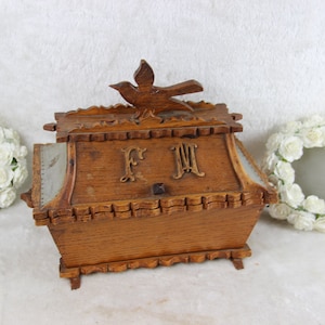 Antique French wood carved wedding gift box bird initials